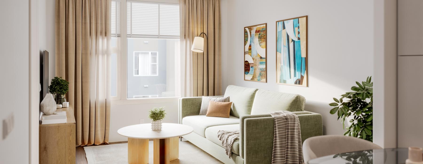 a living room with a couch and a coffee table